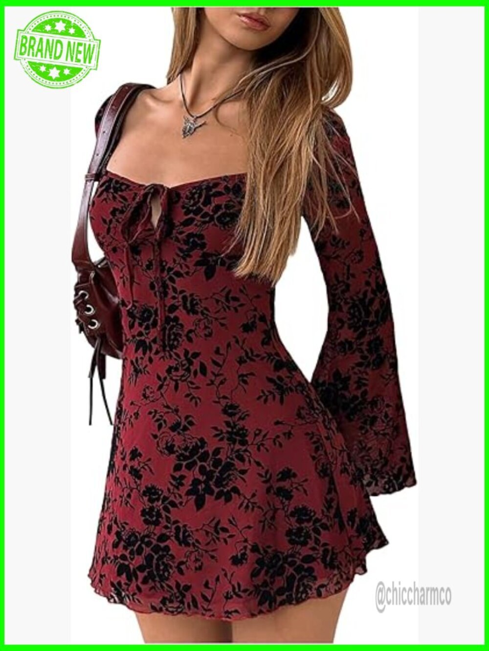 Floral Long Sleeve Square Neck Tie Front Mini Dress A Line Bodycon